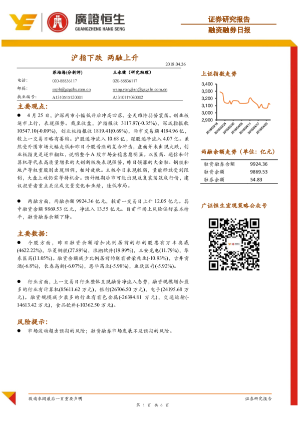 融资融券日报：沪指下跌 两融上升