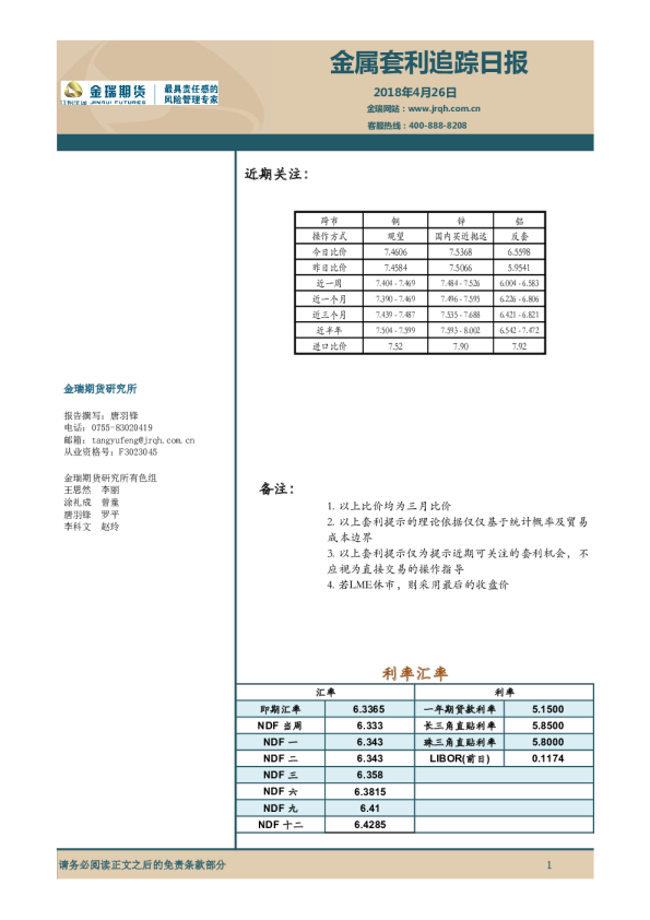 金属套利追踪日报