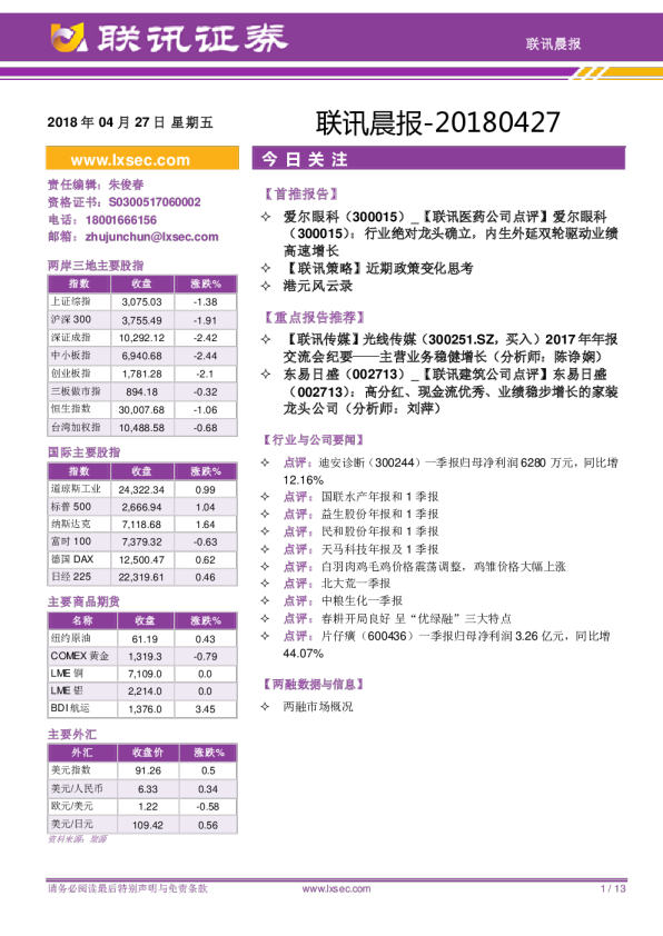 联讯证券联讯晨报