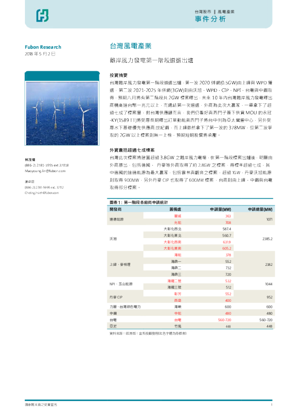 台湾风电产业：离岸风力发电第一阶段遴选出炉