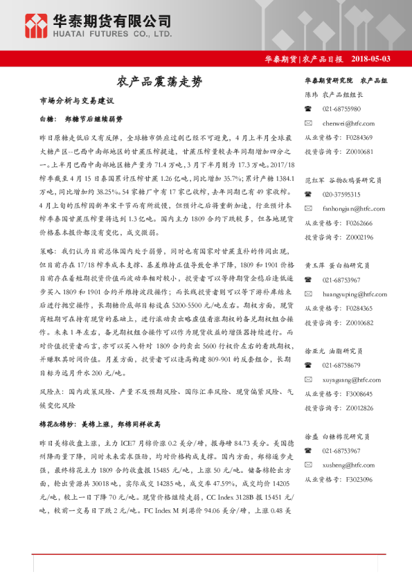 农产品日报：农产品震荡走势