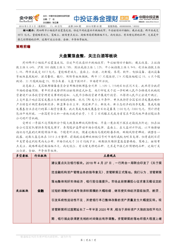 大盘震荡盘整，关注白酒等板块
