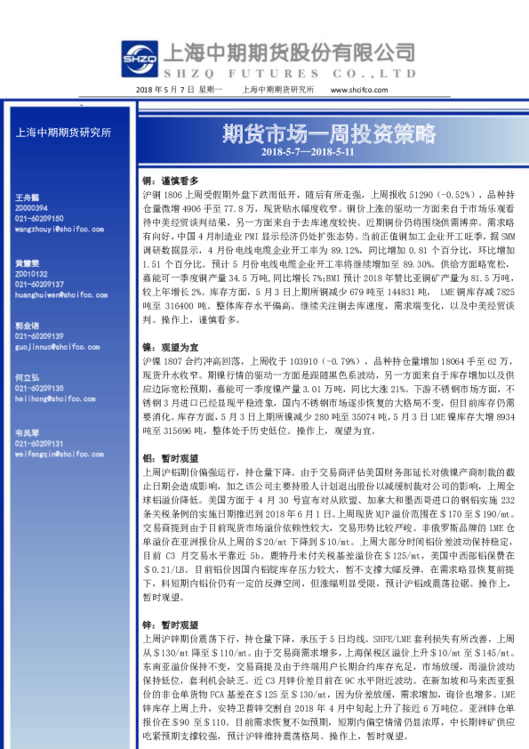 期货市场一周投资策略