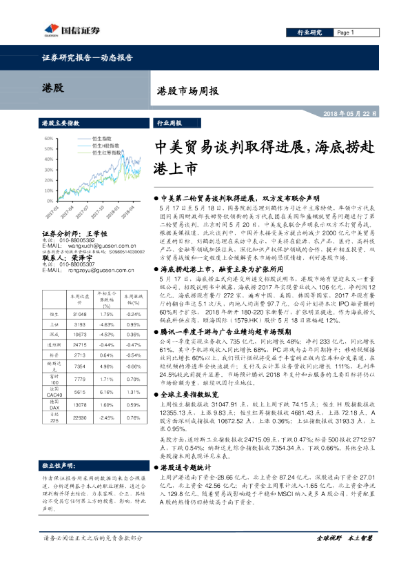 港股市场周报：中美贸易谈判取得进展，海底捞赴港上市