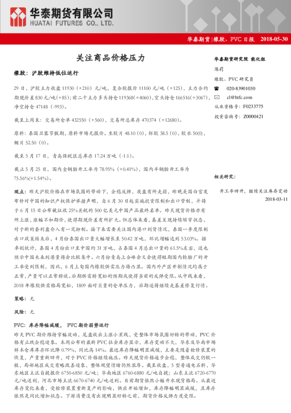 橡胶、PVC日报：关注商品价格压力