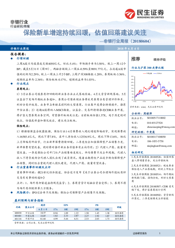 非银行业周报：保险新单增速持续回暖，估值回落建议关注