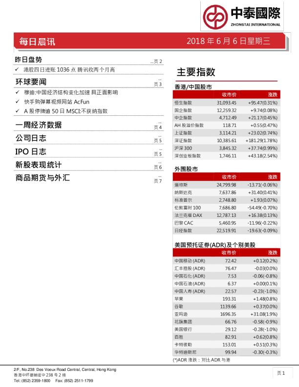 中泰国际证券每日晨讯