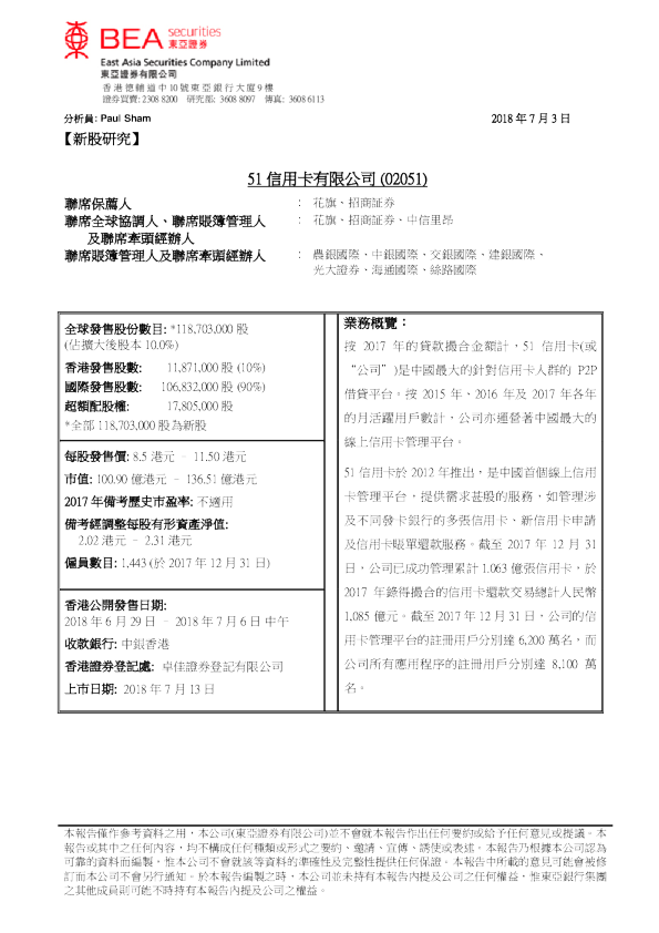新股研究：51信用卡有限公司