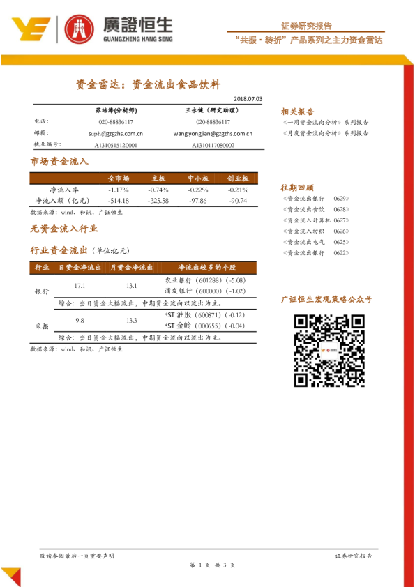 “共振·转折”产品系列之主力资金雷达：资金流出食品饮料