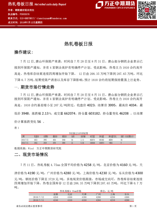 方正中期期货热轧卷板日报