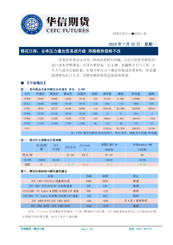 棉花日报：仓单压力叠加贸易战升级 郑棉维持弱势不改