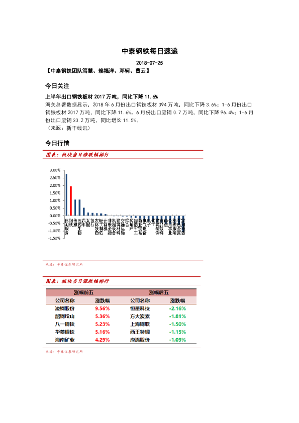 中泰证券钢铁行业每日速递