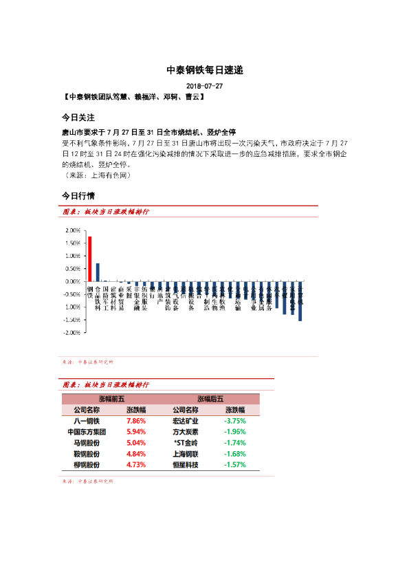中泰证券钢铁行业每日速递