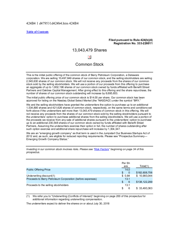 BRY美股招股说明书(2018-07-27版)