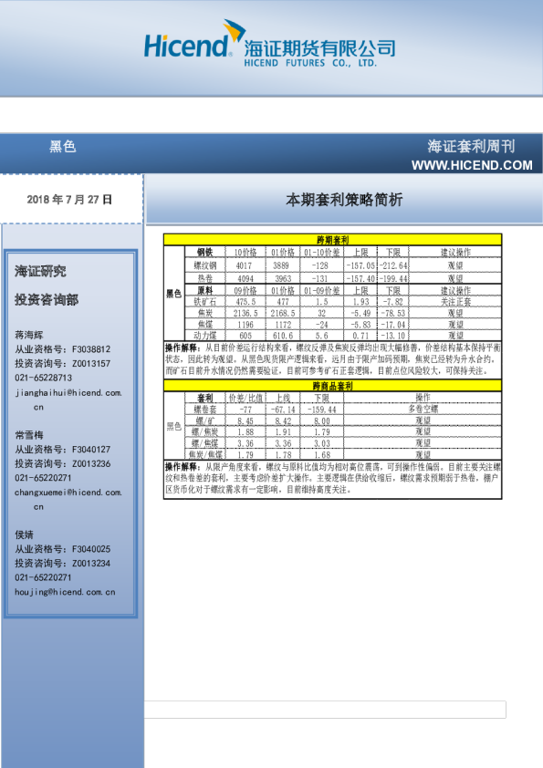 海证套利周刊：本期套利策略简析 