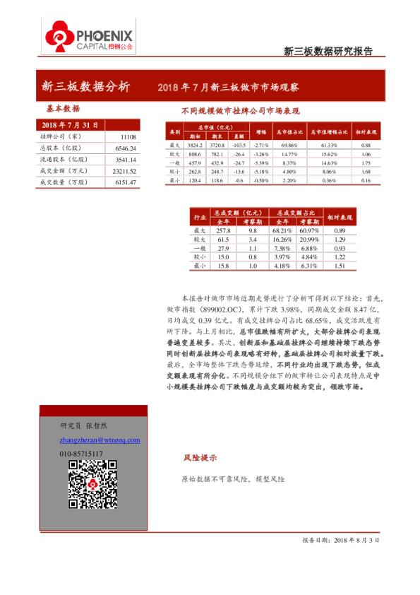 2018年7月新三板做市市场观察
