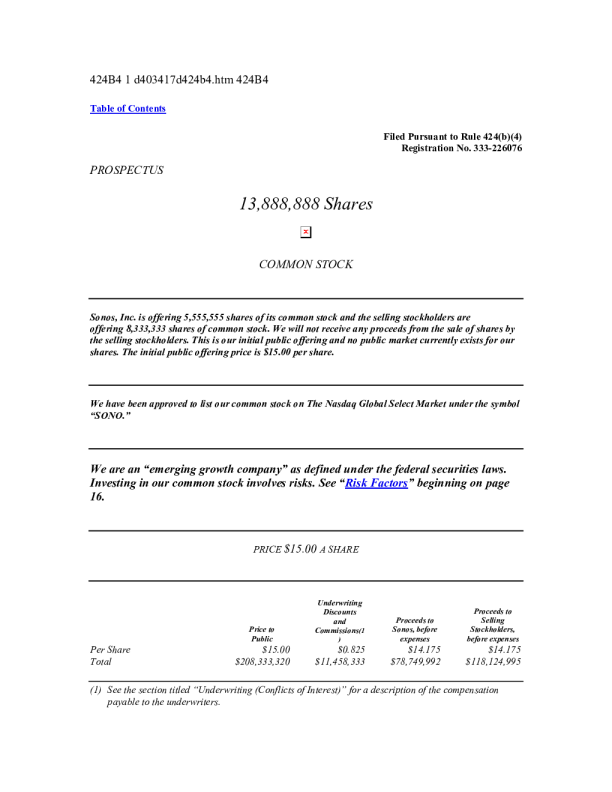 SONO美股招股说明书(2018-08-02版)