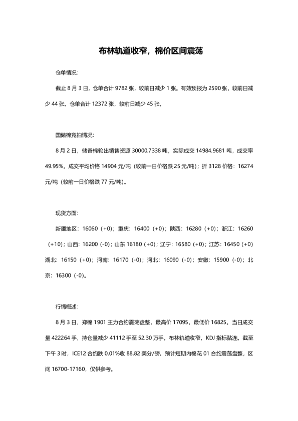 郑棉日评：布林轨道收窄，棉价区间震荡