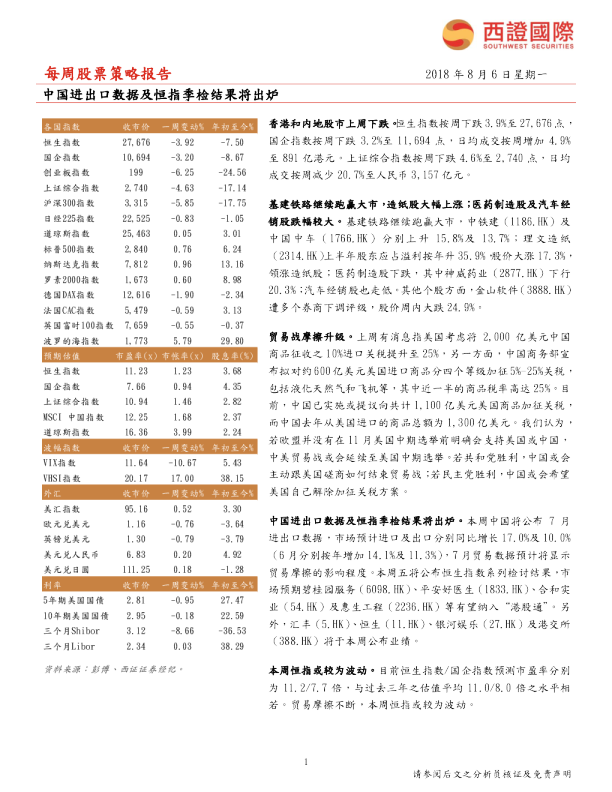 每周股票策略报告：中国进出口数据及恒指季检结果将出炉