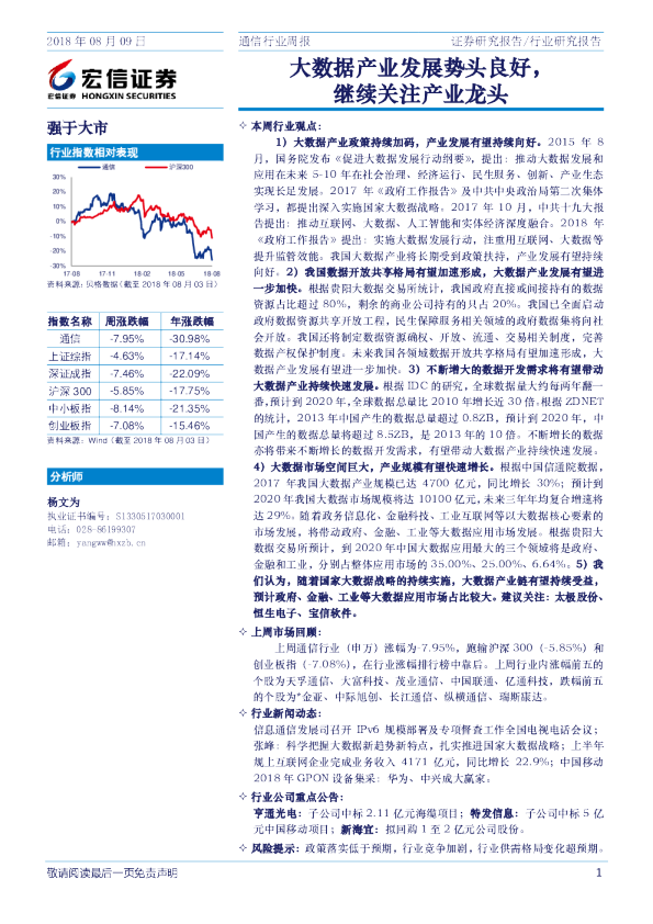 通信行业周报：大数据产业发展势头良好，继续关注产业龙头
