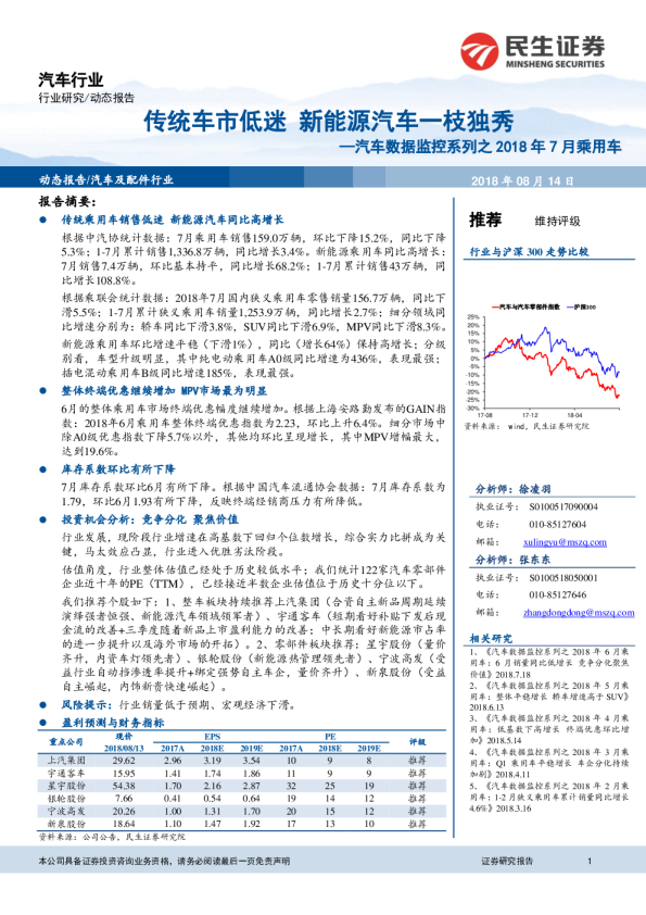 汽车数据监控系列之2018年7月乘用车：传统车市低迷 新能源汽车一枝独秀