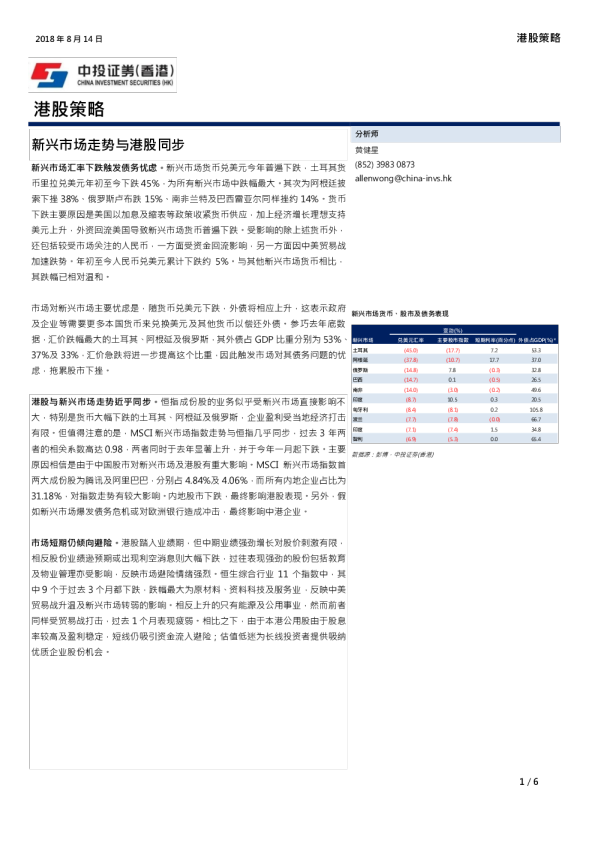 港股策略：新兴市场走势与港股同步