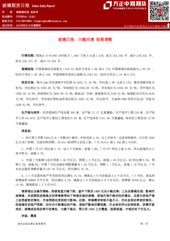 玻璃期货日报：大幅回调,短期调整