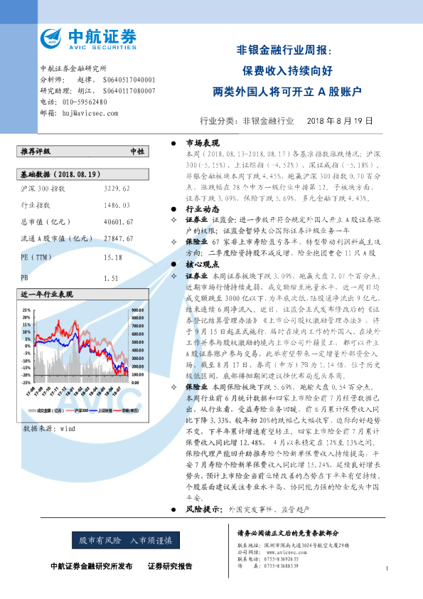 非银金融行业周报：保费收入持续向好 两类外国人将可开立A股账户