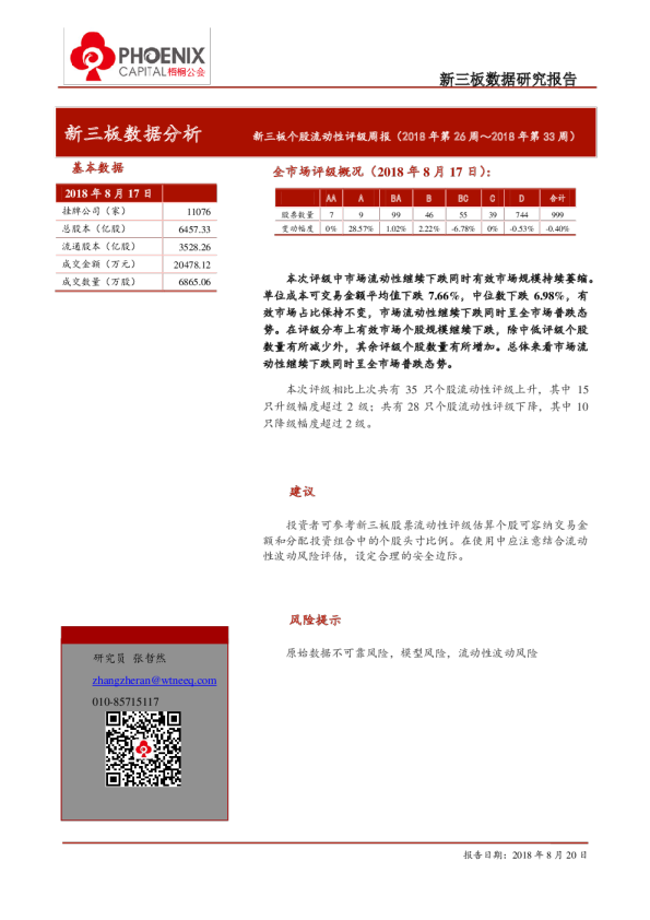 新三板个股流动性评级周报（2018年第26周~2018年第33周）