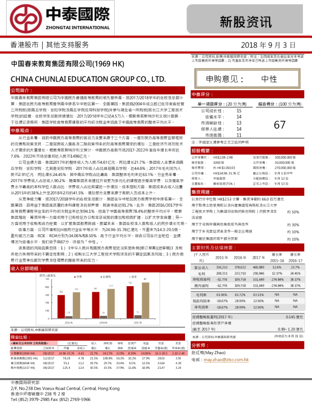 新股资讯：中国春来教育（1969.HK）