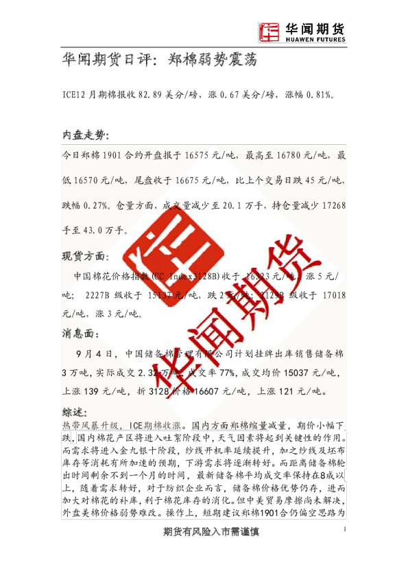 日评：郑棉弱势震荡