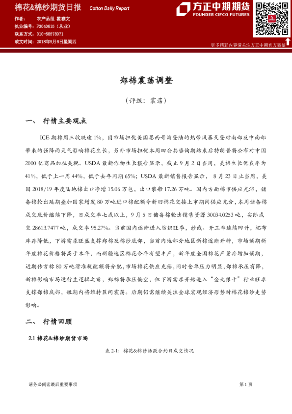 棉花&棉纱日报：郑棉震荡调整
