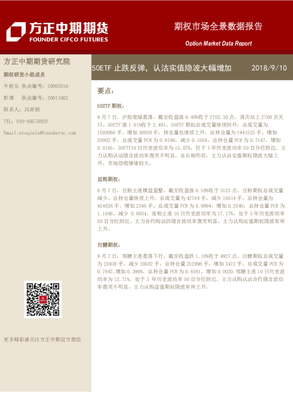 权市场全景数据报告：50ETF止跌反弹，认沽实值隐波大幅增加