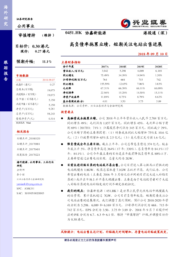 高负债率拖累业绩，短期关注电站出售进展