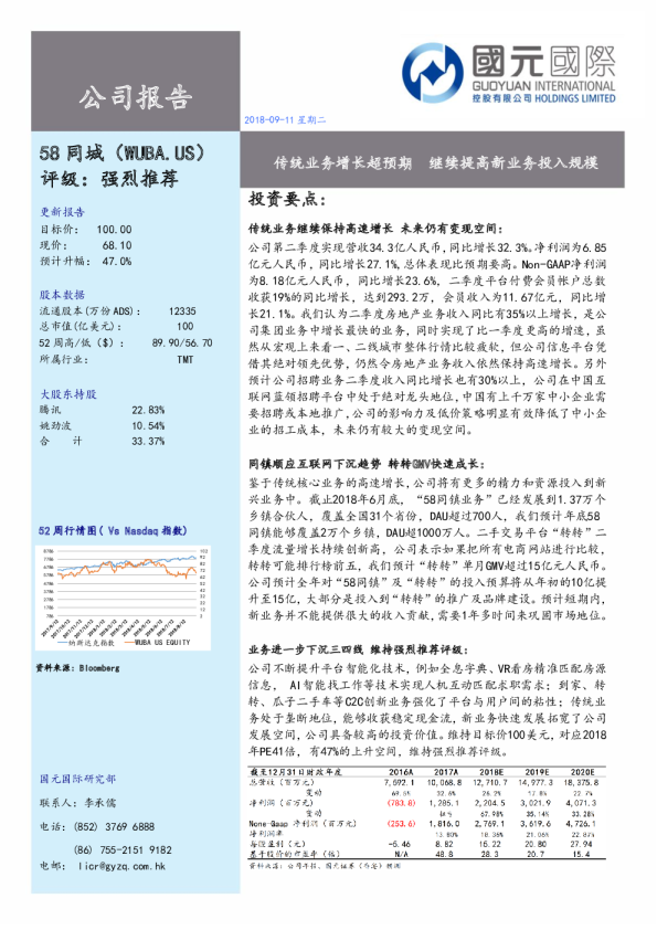 58同城：传统业务增长超预期,继续提高新业务投入规模
