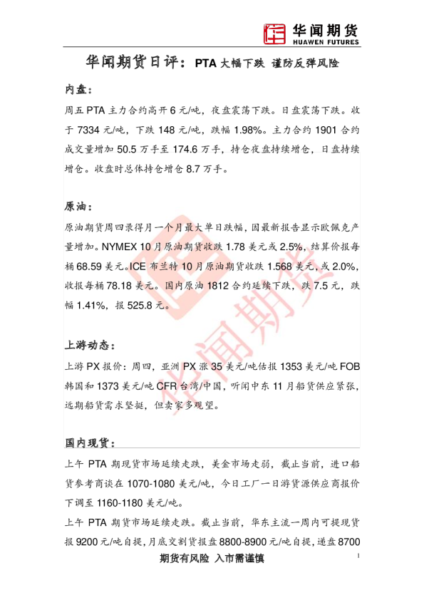 日评：PTA大幅下跌 谨防反弹风险
