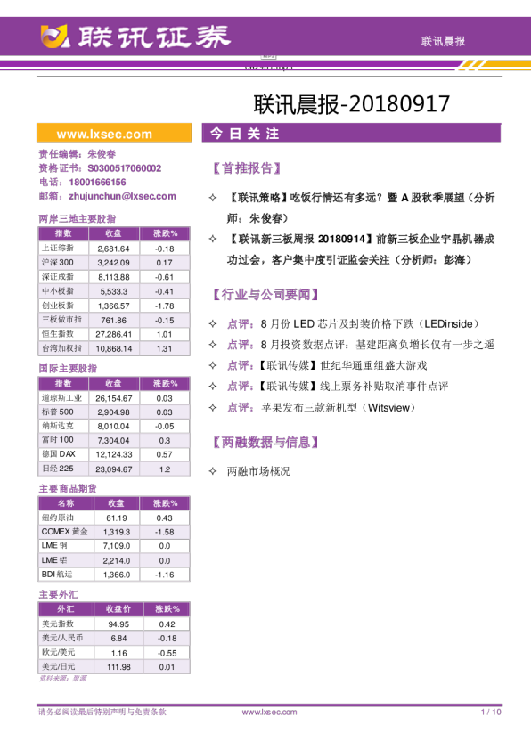 联讯证券联讯晨报