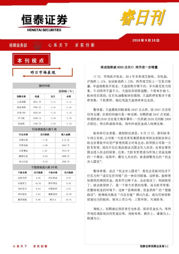 睿日刊：深成指跌破8000点关口 两市进一步缩量