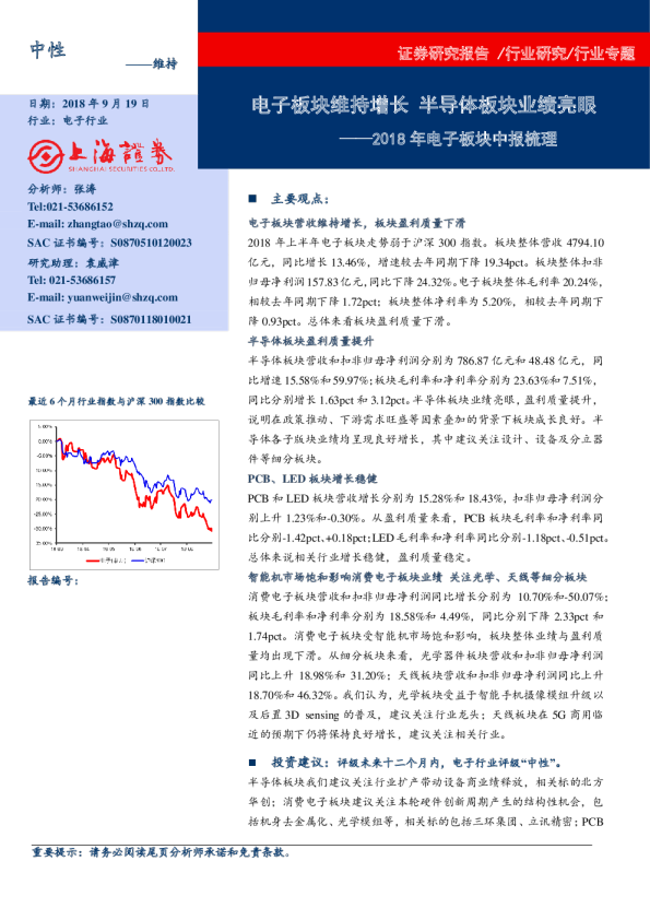 2018年电子板块中报梳理：电子板块维持增长 半导体板块业绩亮眼