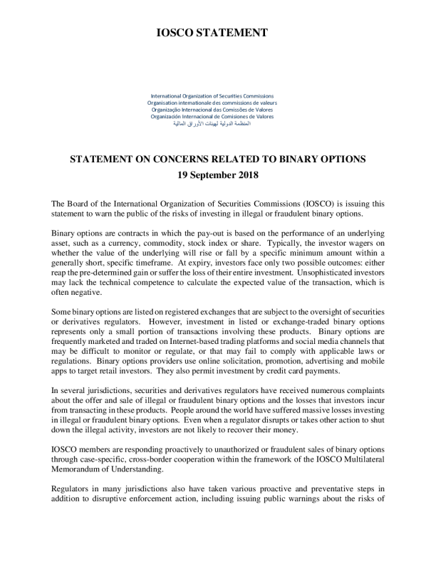 Statement on Concerns Related to Binary Options