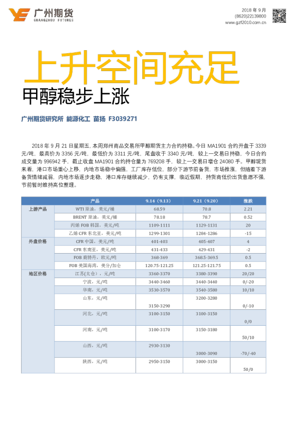 甲醇一周集萃：上升空间充足 甲醇稳步上涨