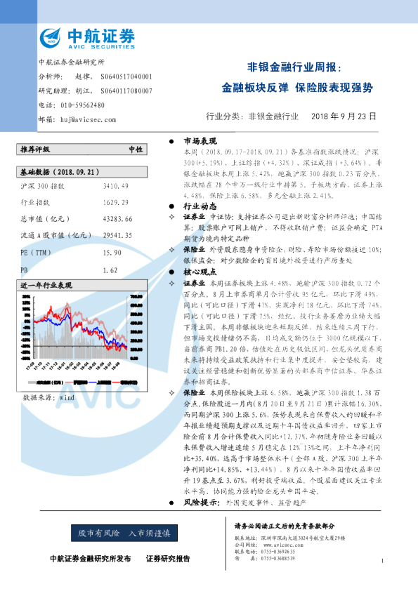 非银金融行业周报：金融板块反弹 保险股表现强势