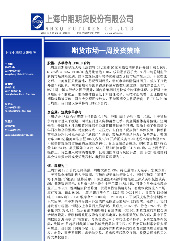 期货市场一周投资策略