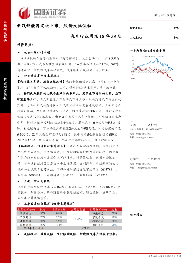 汽车行业周报18年38期：北汽新能源完成上市，股价大幅波动