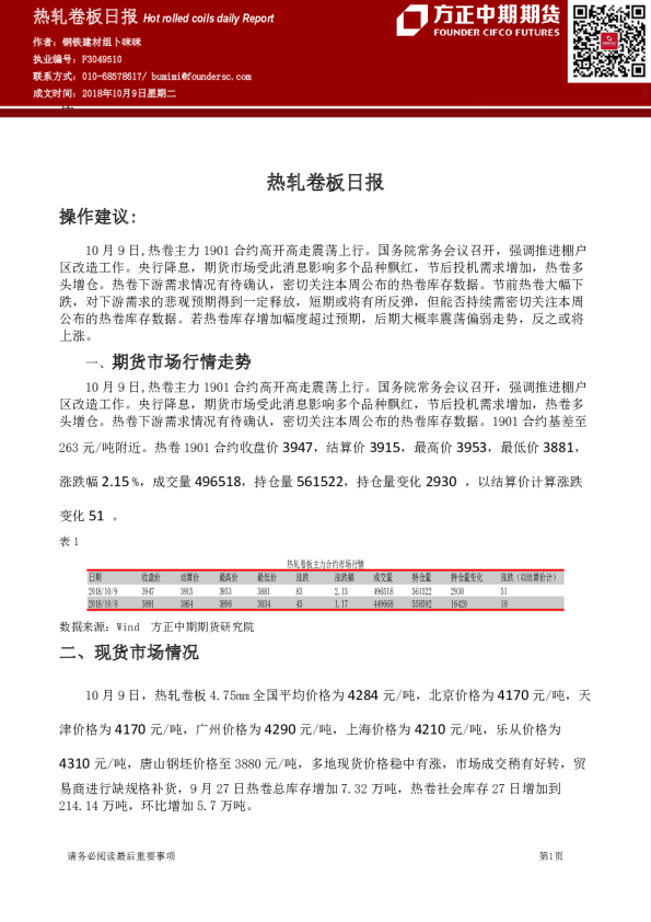 方正中期期货热轧卷板日报