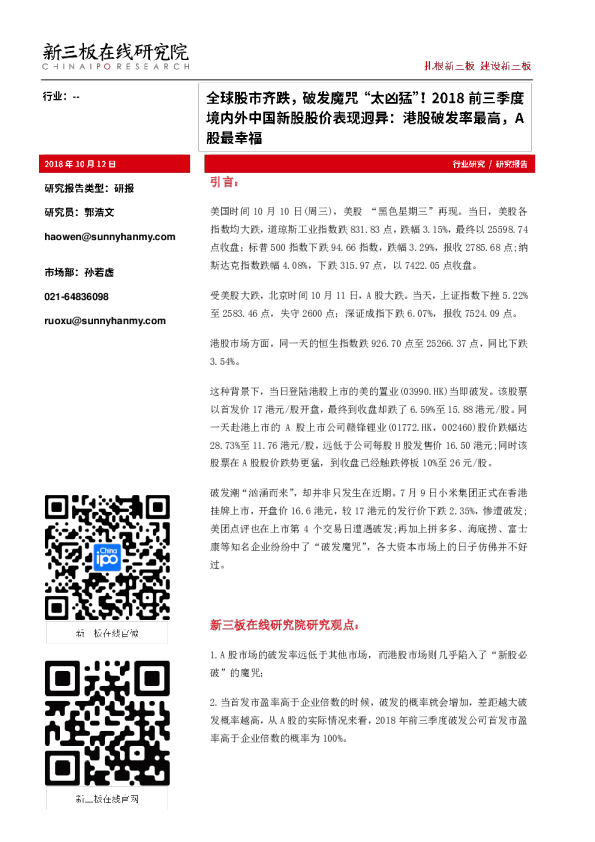 新三板在线研究院：全球股市齐跌,破发魔咒“太凶猛”!2018前三季度境内外中国新股股价表现迥异,港股破发率最高,A股最幸福