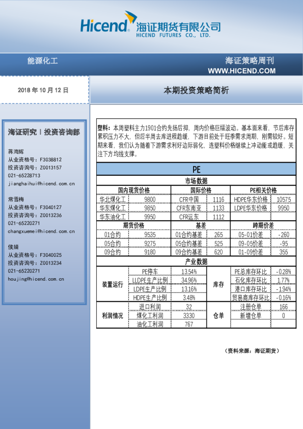 海证聚烯烃产业周刊：能源化工