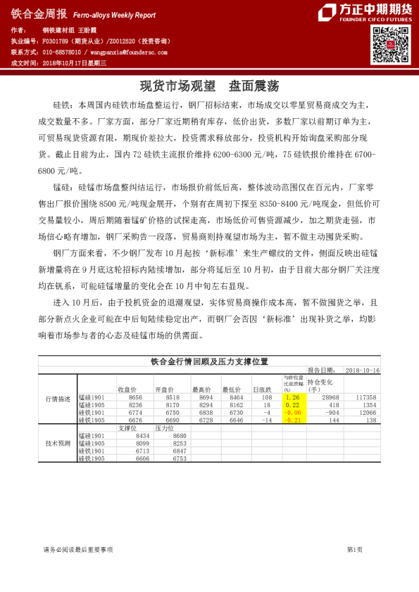 铁合金周报：现货市场观望,盘面震荡