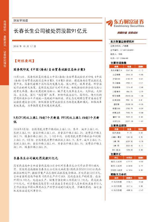 财富早知道：长春长生公司被处罚没款91亿元