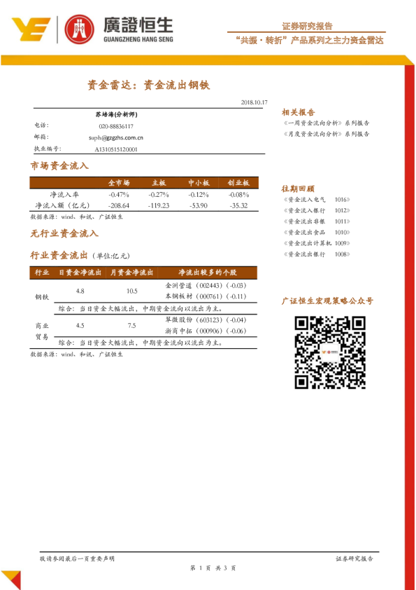 “共振·转折”产品系列之主力资金雷达：资金流出钢铁